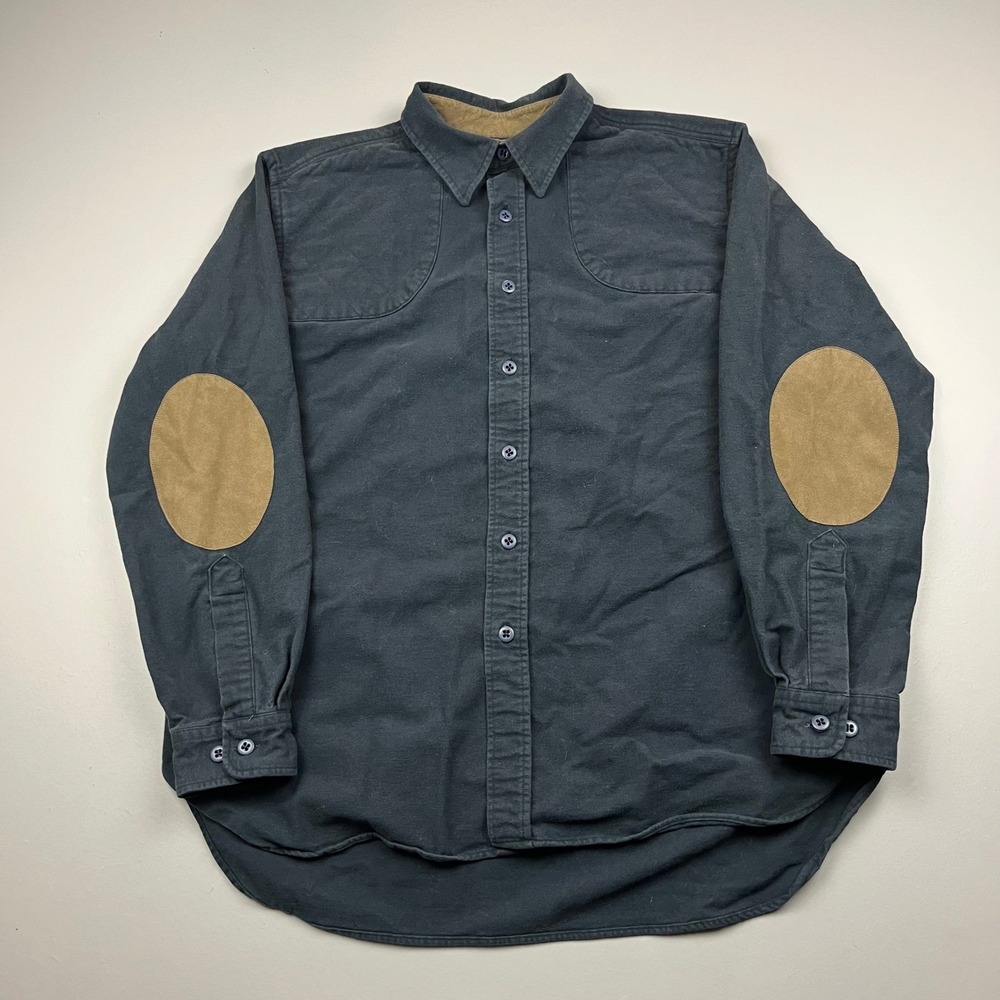 L.L. Bean Chamois Shirt Men Large Gray Elbow Patch Shooting Field Hunting Button